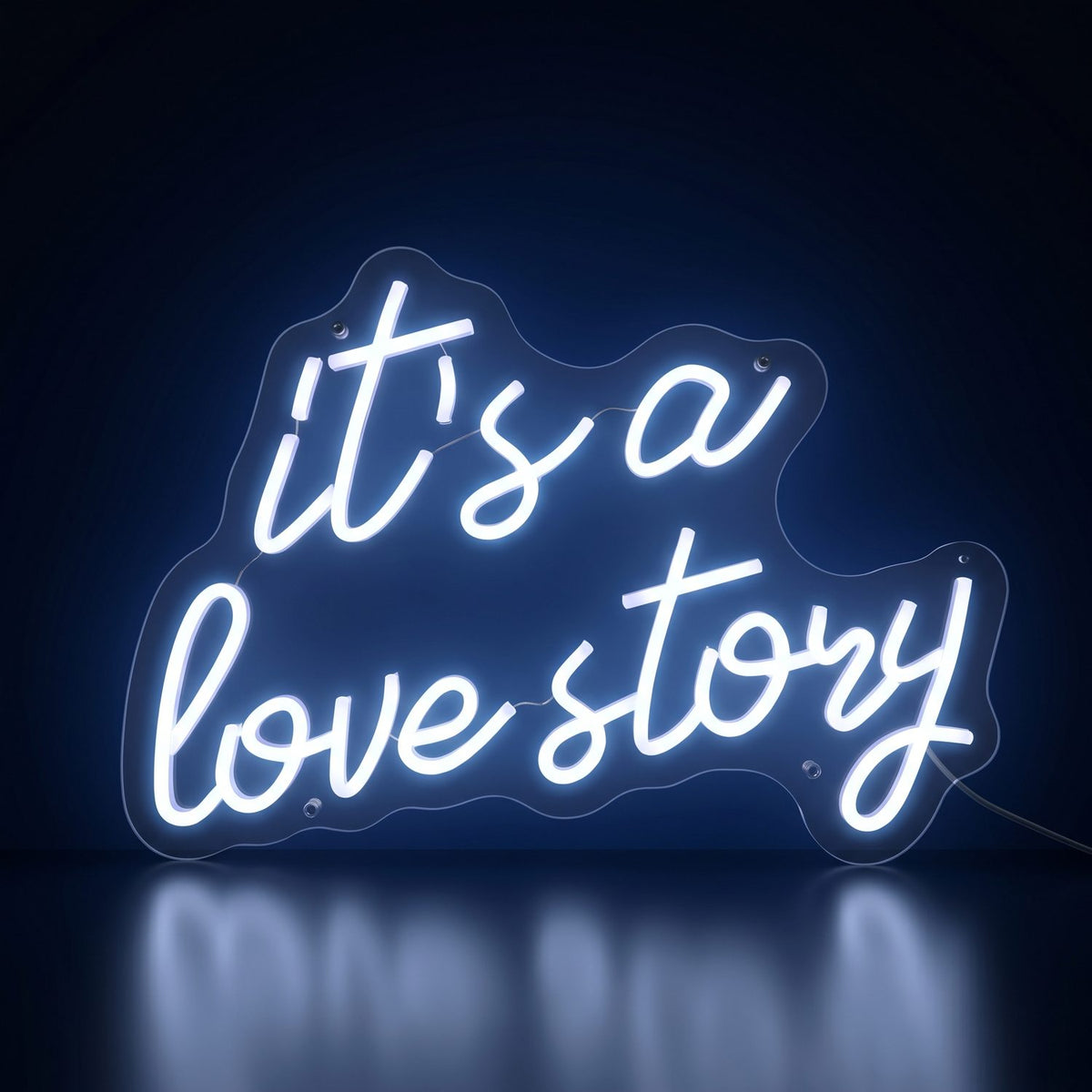 It's a Love Story white neon LED sign glowing in the dark, photo booth add-on