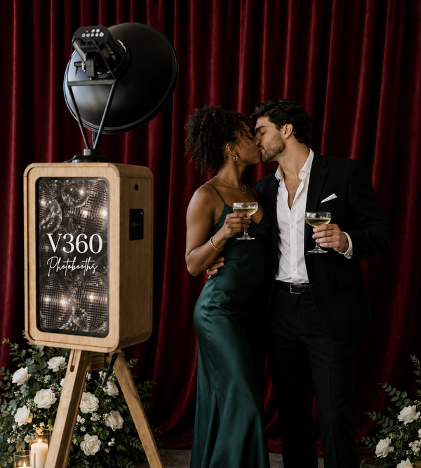 Couple in formal attire kissing in front of a vintage photo booth with red curtain and floral decorations.