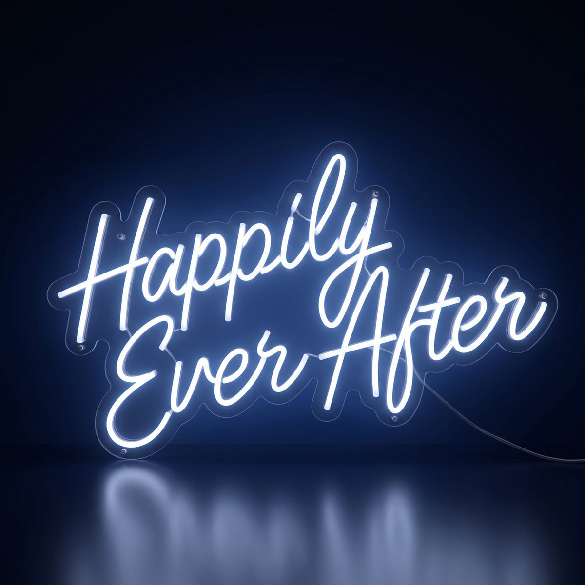 Happily Ever After white neon LED sign glowing in the dark, photo booth add-on