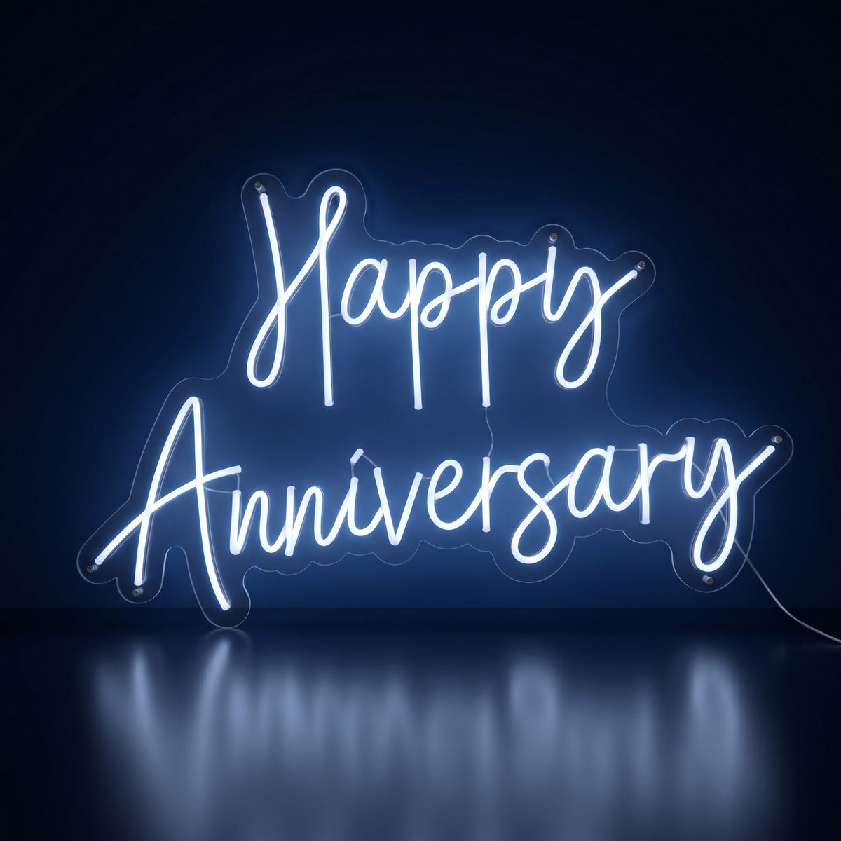 Happy Anniversary white neon LED sign glowing in the dark, photo booth add-on