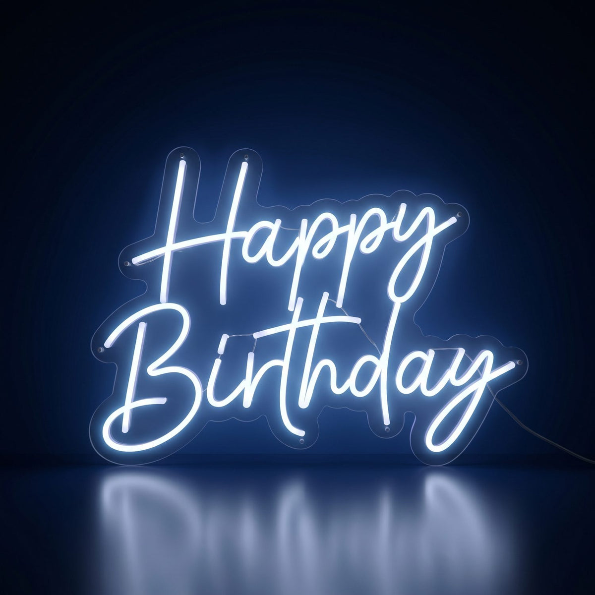 Happy Birthday white neon LED sign glowing in the dark, photo booth add-on