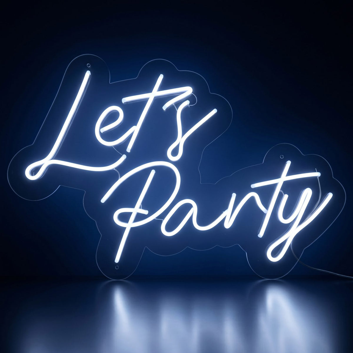 Let's Party white neon LED sign glowing in the dark, photo booth add-on