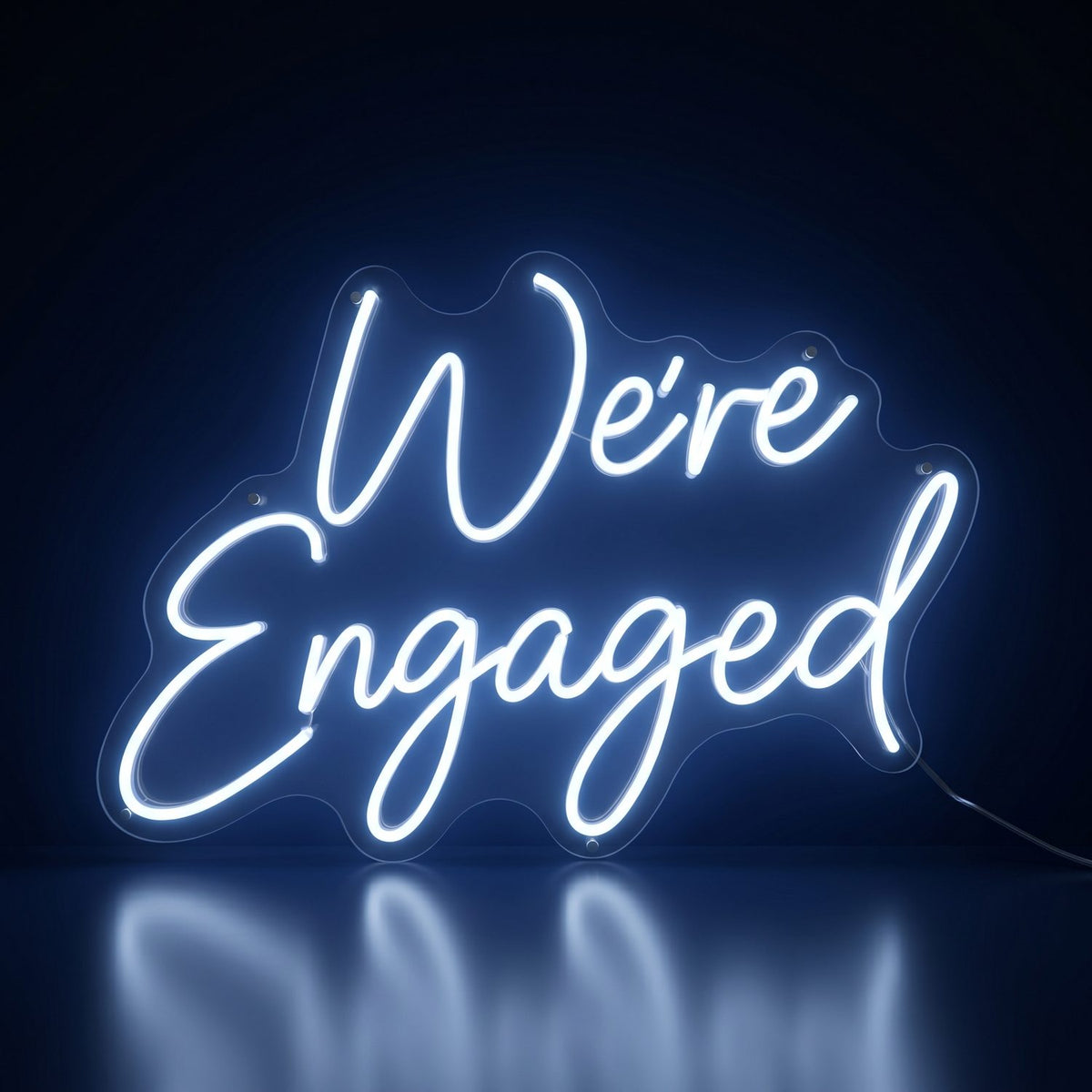 We're Engaged white neon LED sign glowing in the dark, photo booth add-on